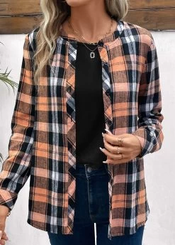 Orange Button Plus Size Plaid Long Sleeve Blouse 10 Orange Button Plus Size Plaid Long Sleeve Blouse -Modlily 336923 P 16911475636254