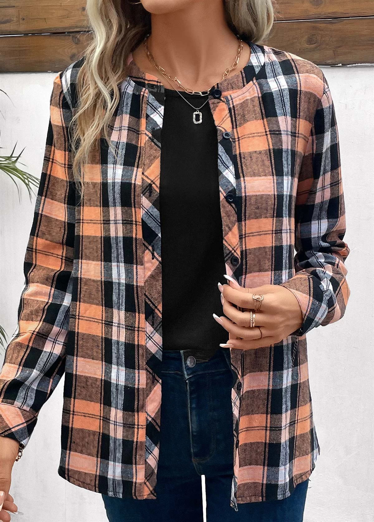 Orange Button Plus Size Plaid Long Sleeve Blouse 5 Orange Button Plus Size Plaid Long Sleeve Blouse - Image 5