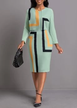 Plus Size Sage Green Two Piece Geometric Print Dress -Modlily 337109 P 1694484860137