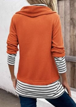 Plus Size Orange Patchwork Striped Long Sleeve Sweatshirt -Modlily 337781 P 16932003971411