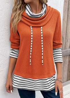 Plus Size Orange Patchwork Striped Long Sleeve Sweatshirt -Modlily 337781 P 16932003976613