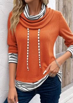 Plus Size Orange Patchwork Striped Long Sleeve Sweatshirt -Modlily 337781 P 16932003976674