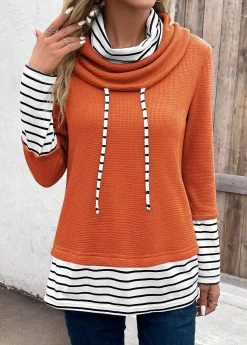 Plus Size Orange Patchwork Striped Long Sleeve Sweatshirt -Modlily 337781 P 16932003977822