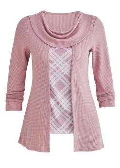 Plus Size Pink Fake 2in1 Plaid T Shirt -Modlily 339131 P 1695026539921