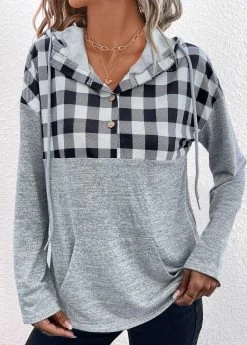 Plus Size Grey Pocket Plaid Long Sleeve Hoodie