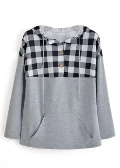 Plus Size Grey Pocket Plaid Long Sleeve Hoodie -Modlily 339297 P 1694081266080
