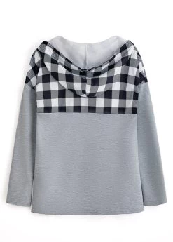 Plus Size Grey Pocket Plaid Long Sleeve Hoodie -Modlily 339297 P 1694081266509