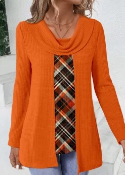 Plus Size Orange Fake 2in1 Plaid T Shirt -Modlily 339990 P 1691660773703