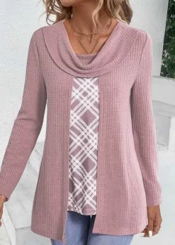 Plus Size Pink Fake 2in1 Plaid T Shirt -Modlily 340913 P 1693897909498