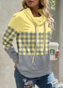 Plus Size Light Yellow Patchwork Plaid Sweatshirt -Modlily 340952 P 1692612597557