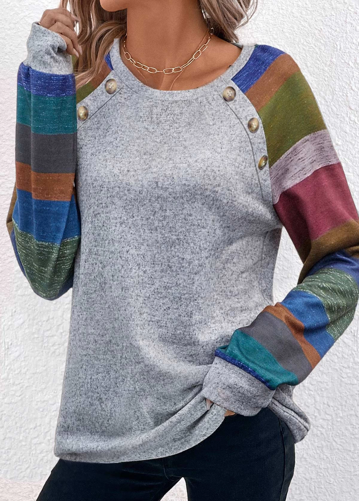 Plus Size Light Grey Marl Button T Shirt 3 Plus Size Light Grey Marl Button T Shirt - Image 3