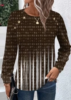 Plus Size Dark Camel Button Ombre T Shirt 5 Plus Size Dark Camel Button Ombre T Shirt -Modlily 341504 P 1693217608029