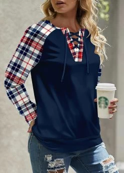 Plus Size Navy Patchwork Plaid Long Sleeve Sweatshirt -Modlily 342272 P 1697103213460