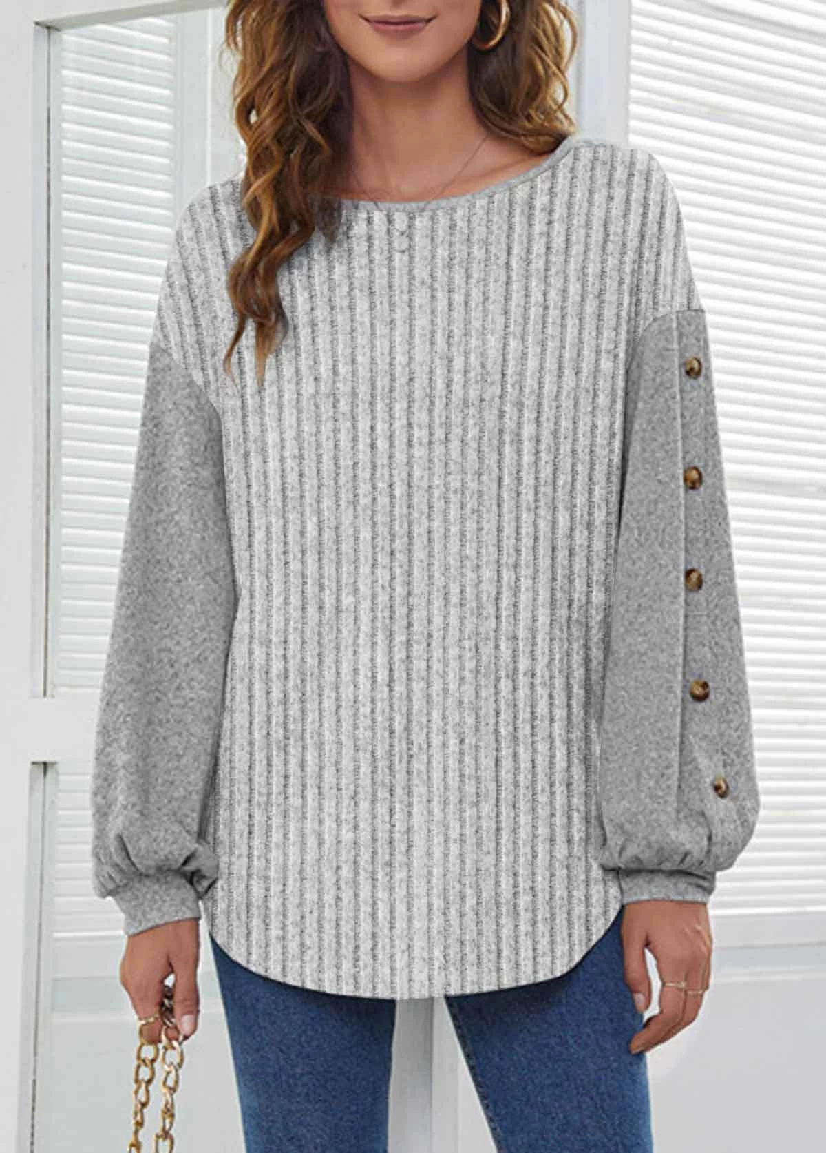 Plus Size Grey Button Long Sleeve Round Neck Sweatshirt 1 Plus Size Grey Button Long Sleeve Round Neck Sweatshirt