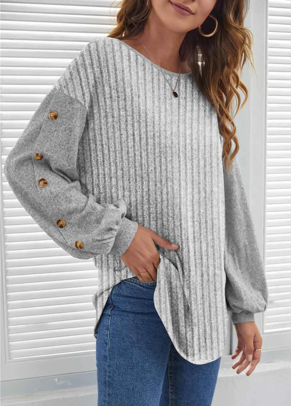 Plus Size Grey Button Long Sleeve Round Neck Sweatshirt 3 Plus Size Grey Button Long Sleeve Round Neck Sweatshirt - Image 3