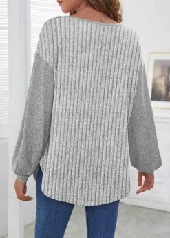 Plus Size Grey Button Long Sleeve Round Neck Sweatshirt 4 Plus Size Grey Button Long Sleeve Round Neck Sweatshirt -Modlily 342301 P 1694139553692