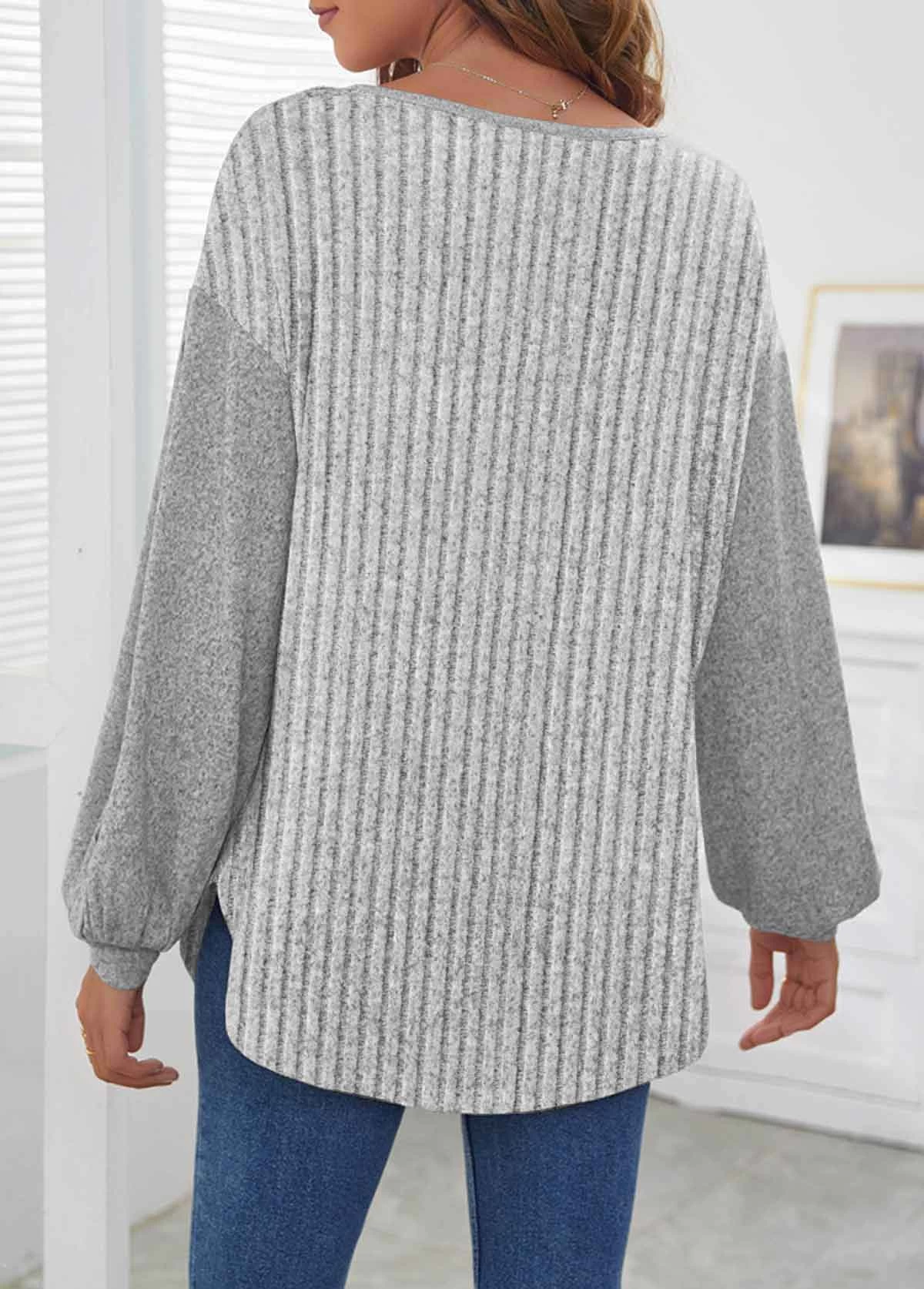 Plus Size Grey Button Long Sleeve Round Neck Sweatshirt 2 Plus Size Grey Button Long Sleeve Round Neck Sweatshirt - Image 2