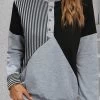 Plus Size Black Snap Button Striped Long Sleeve Sweatshirt