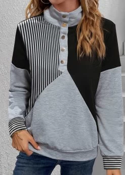 Plus Size Black Snap Button Striped Long Sleeve Sweatshirt