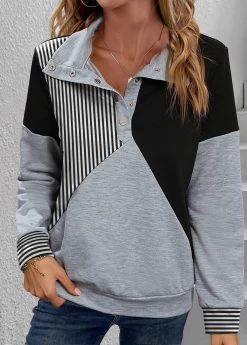 Plus Size Black Snap Button Striped Long Sleeve Sweatshirt -Modlily 342387 P 1694166445937