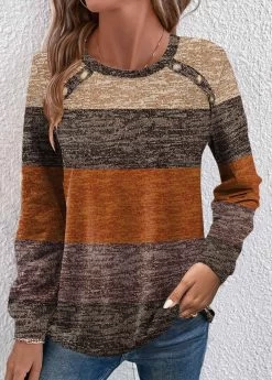 Plus Size Dark Camel Button Striped T Shirt