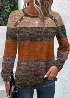 Plus Size Dark Camel Button Striped T Shirt -Modlily 342775 P 1694680489863