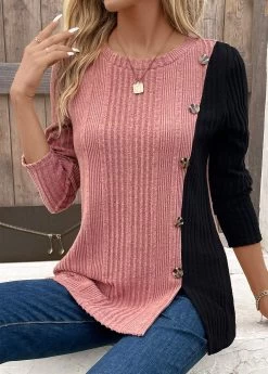 Plus Size Black Patchwork Long Sleeve T Shirt