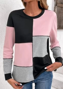 Plus Size Light Pink Patchwork Long Sleeve Sweatshirt -Modlily 343146 P 16967445891533