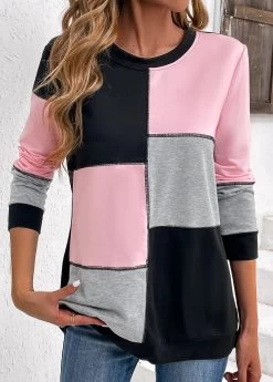Plus Size Light Pink Patchwork Long Sleeve Sweatshirt