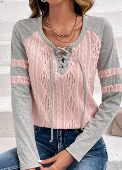 Plus Size Light Pink Twisted Long Sleeve T Shirt -Modlily 343198 P 16967445892935