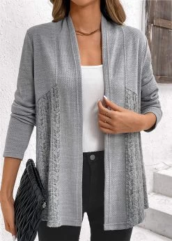Plus Size Grey Patchwork Long Sleeve Cardigan -Modlily 343199 P 16967445892132