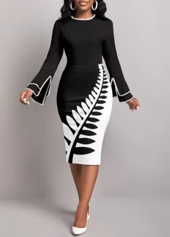 Plus Size Black Split Leaf Print Bodycon Dress
