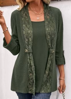 Plus Size Olive Green Fake 2in1 T Shirt -Modlily 343738 P 16967445914025