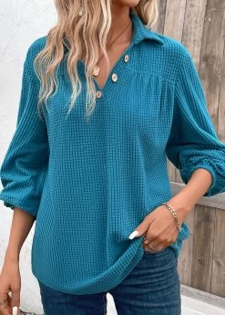 Plus Size Peacock Blue Ruched Long Sleeve Blouse