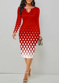 Plus Size Red Split Geometric Print Bodycon Dress 5 Plus Size Red Split Geometric Print Bodycon Dress -Modlily 344555 P 1697535298981