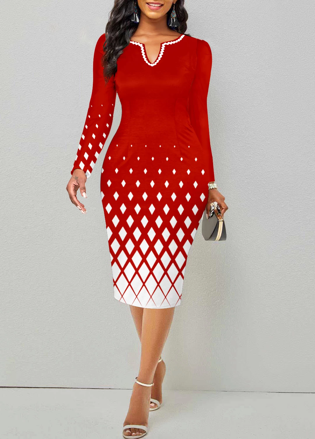 Plus Size Red Split Geometric Print Bodycon Dress 3 Plus Size Red Split Geometric Print Bodycon Dress - Image 3