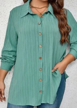 Mint Green Button Plus Size Long Sleeve Blouse