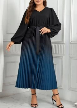 Peacock Blue Pleated Plus Size Ombre Belted Dress