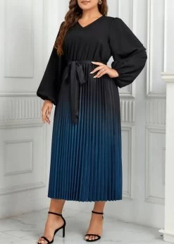 Peacock Blue Pleated Plus Size Ombre Belted Dress -Modlily 345408 P 1698664181221