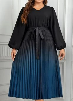 Peacock Blue Pleated Plus Size Ombre Belted Dress -Modlily 345408 P 1698664181996