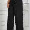 Black Button Plus Size Elastic Waist High Waisted Pants