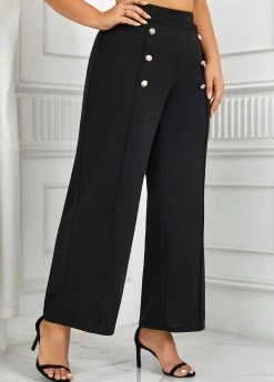 Black Button Plus Size Elastic Waist High Waisted Pants -Modlily 345411 P 1698834863434