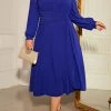 Dark Blue Plus Size Long Sleeve Round Neck Dress
