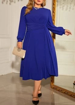 Dark Blue Plus Size Long Sleeve Round Neck Dress