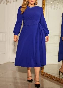Dark Blue Plus Size Long Sleeve Round Neck Dress -Modlily 345413 P 1698664255135