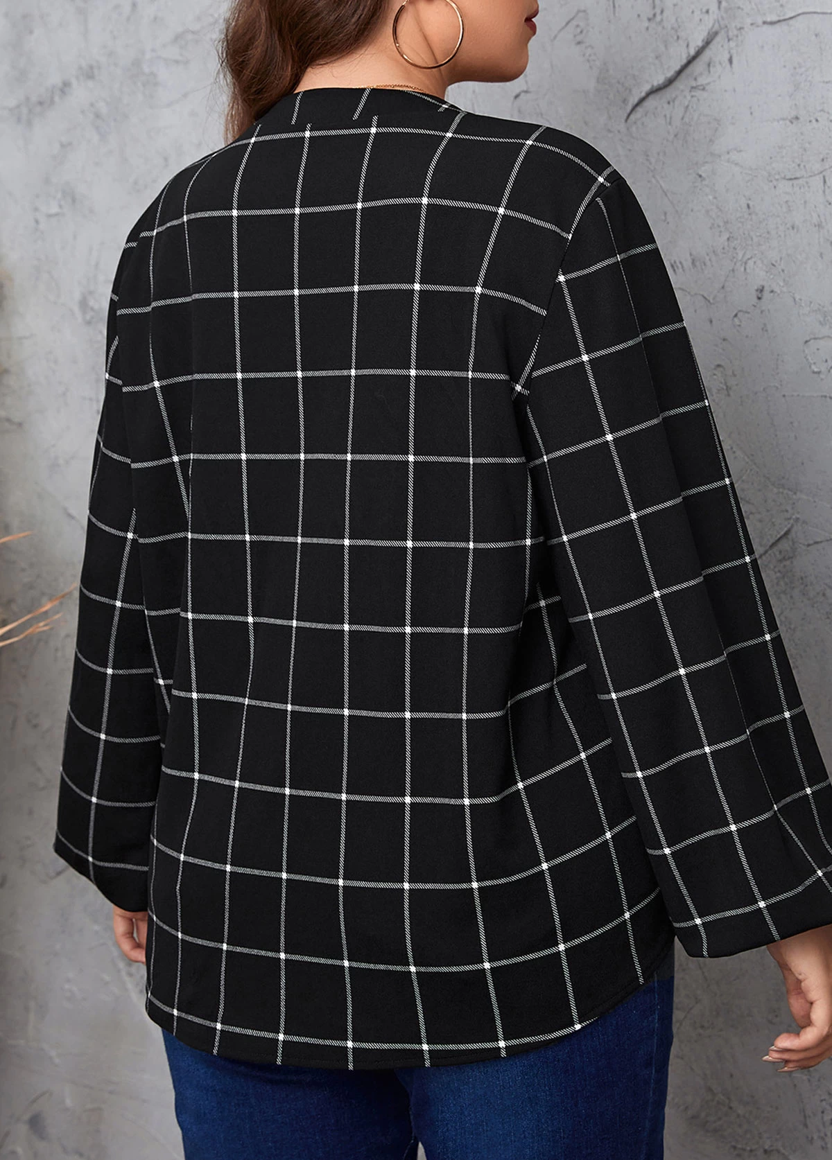 Black Split Plus Size Plaid Long Sleeve Blouse 2 Black Split Plus Size Plaid Long Sleeve Blouse - Image 2