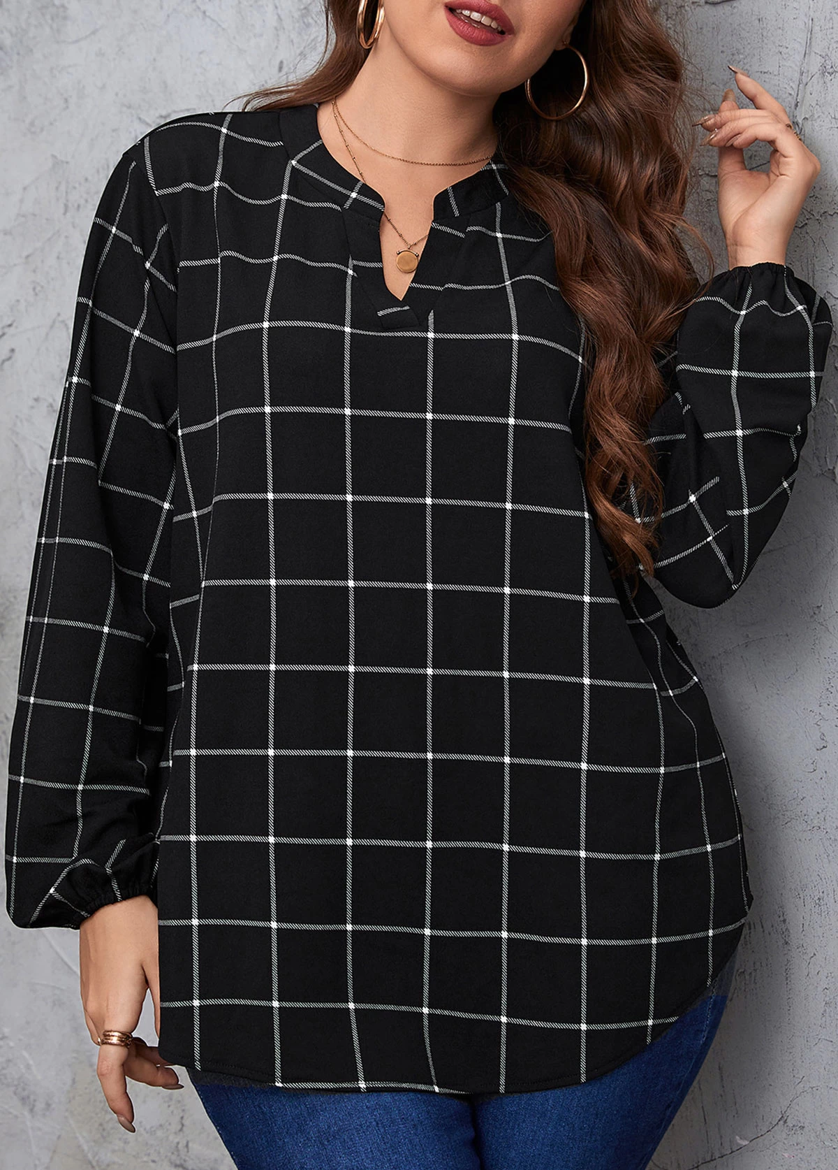 Black Split Plus Size Plaid Long Sleeve Blouse 1 Black Split Plus Size Plaid Long Sleeve Blouse