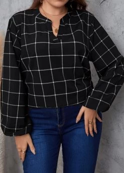 Black Split Plus Size Plaid Long Sleeve Blouse 7 Black Split Plus Size Plaid Long Sleeve Blouse -Modlily 345737 P 1698889850085