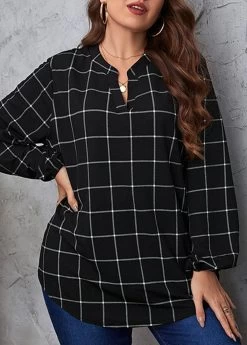 Black Split Plus Size Plaid Long Sleeve Blouse 6 Black Split Plus Size Plaid Long Sleeve Blouse -Modlily 345737 P 1698889850756