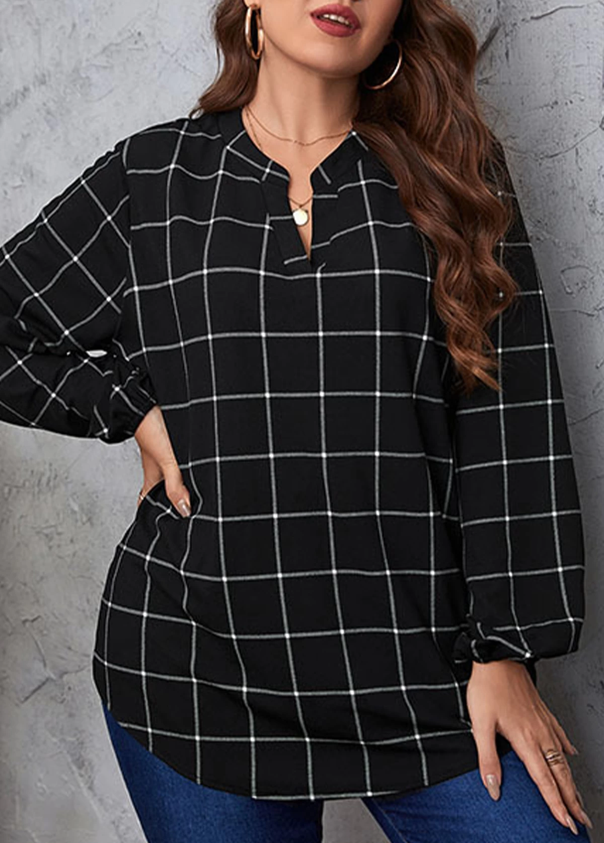 Black Split Plus Size Plaid Long Sleeve Blouse 3 Black Split Plus Size Plaid Long Sleeve Blouse - Image 3